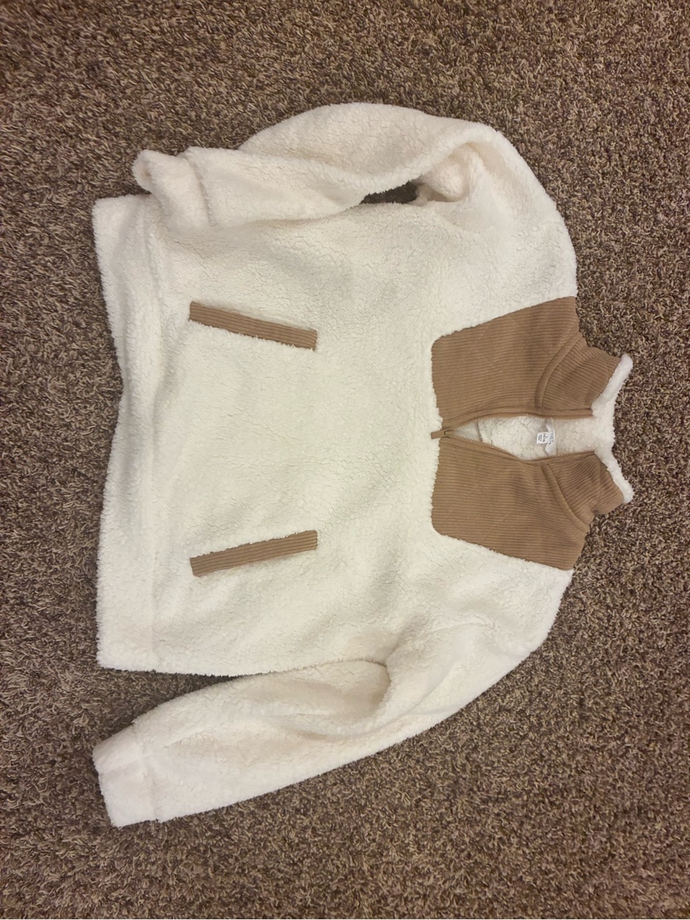 Time and Tru Cream Sherpa Pullover with Tan Accents